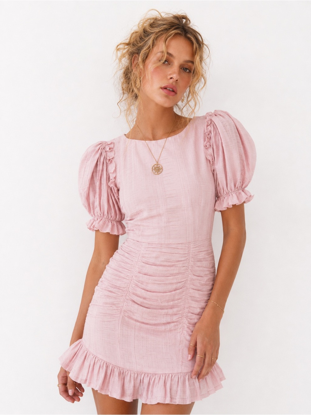 Saint + Secret by Selfie Leslie “Icing on the Cake” Open Back Ruched Dress Blush